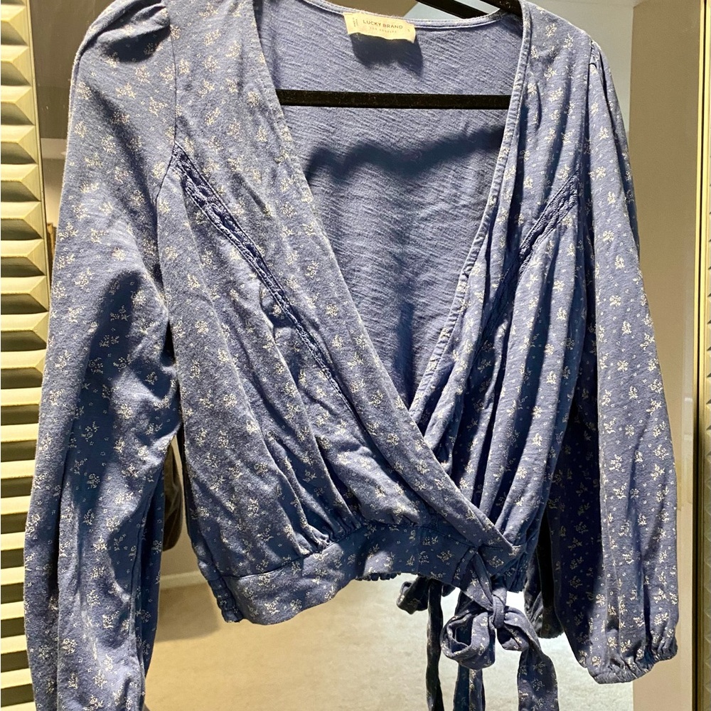 Lucky Brand Blue Floral Wrap Blouse